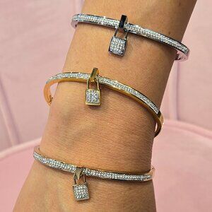 Cubic Zirconia Fancy Lock Stainless Steel Bangles Bracelets Juego de Pulseras